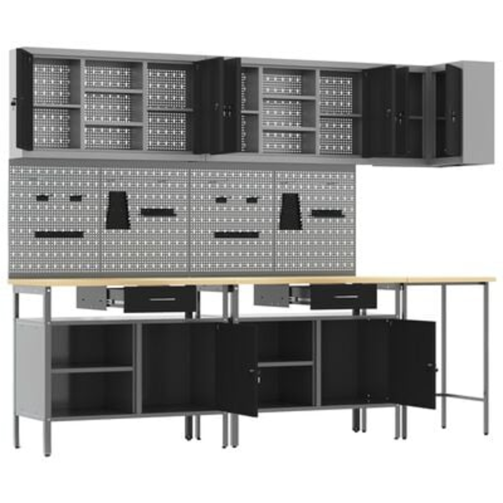 vidaXL Set masă depozitare de unelte, 10 piese, negru, lemn și metal