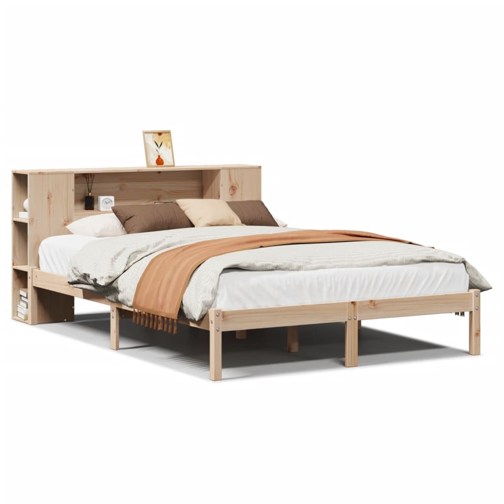 vidaXL Pat cu bibliotecă fără saltea, 135x190 cm, lemn masiv de pin vidaXL Pat cu bibliotecă fără saltea, 135x190 cm, lemn masiv de pin