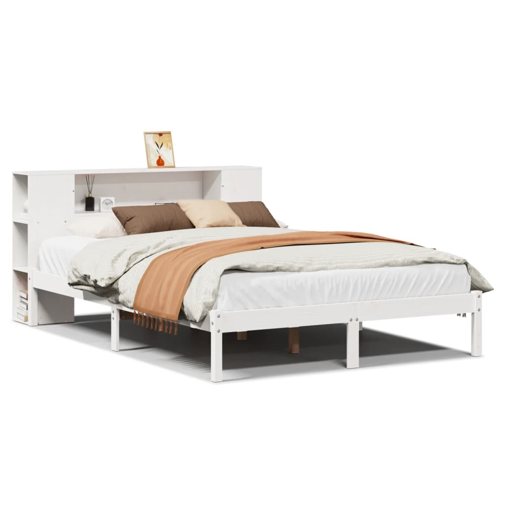 vidaXL Pat cu bibliotecă fără saltea, alb, 140x190 cm, lemn masiv pin vidaXL Pat cu bibliotecă fără saltea, alb, 140x190 cm, lemn masiv pin