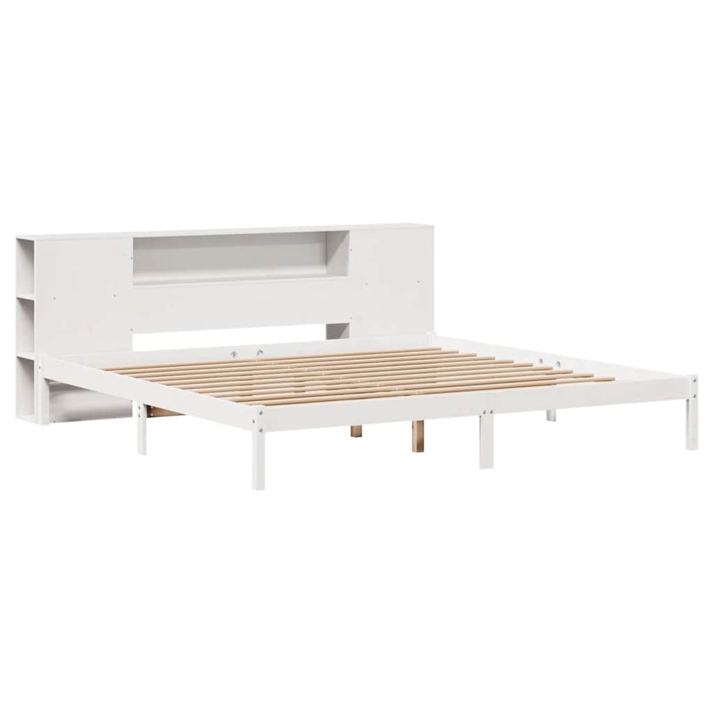 vidaXL Pat cu bibliotecă fără saltea, alb, 200x200 cm, lemn masiv pin