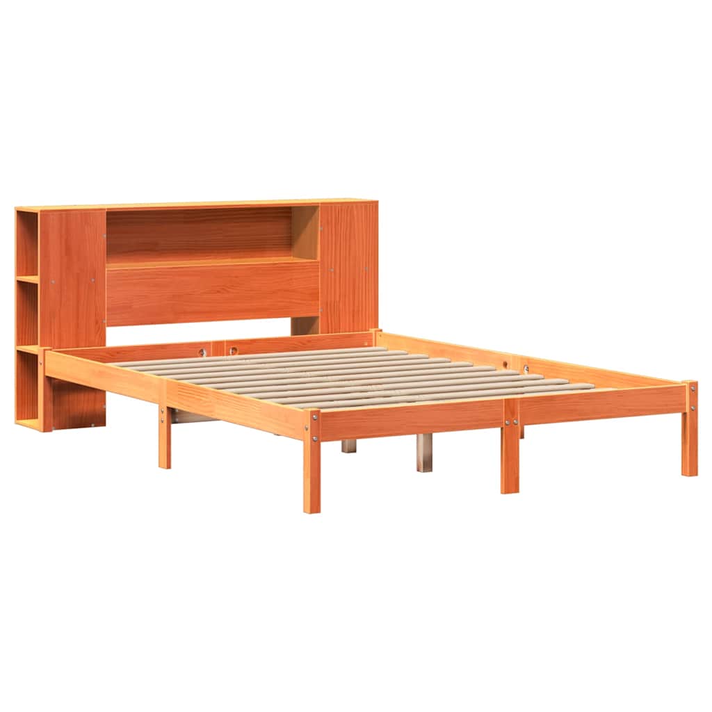 vidaXL Pat cu bibliotecă fără saltea, maro, 120x190 cm, lemn masiv pin vidaXL Pat cu bibliotecă fără saltea, maro, 120x190 cm, lemn masiv pin