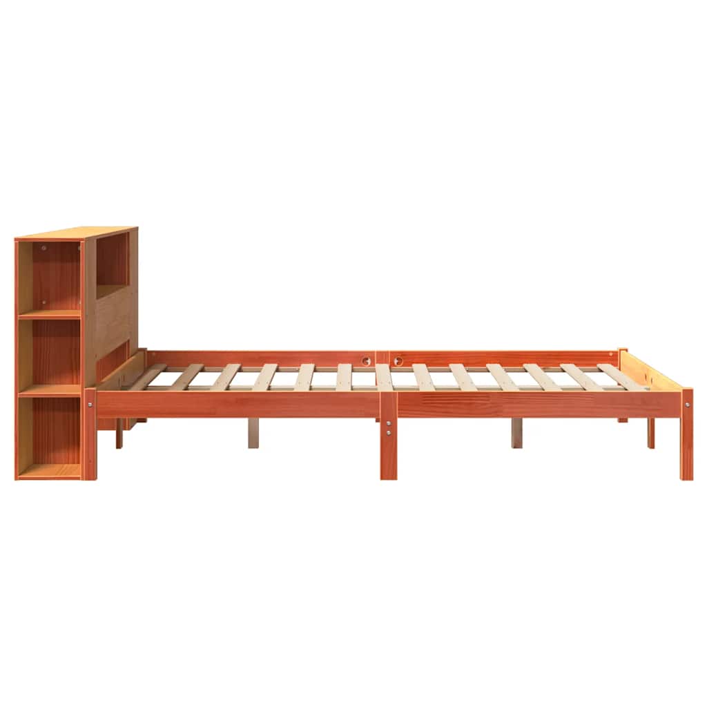 vidaXL Pat cu bibliotecă fără saltea, maro, 120x200 cm, lemn masiv pin vidaXL Pat cu bibliotecă fără saltea, maro, 120x200 cm, lemn masiv pin