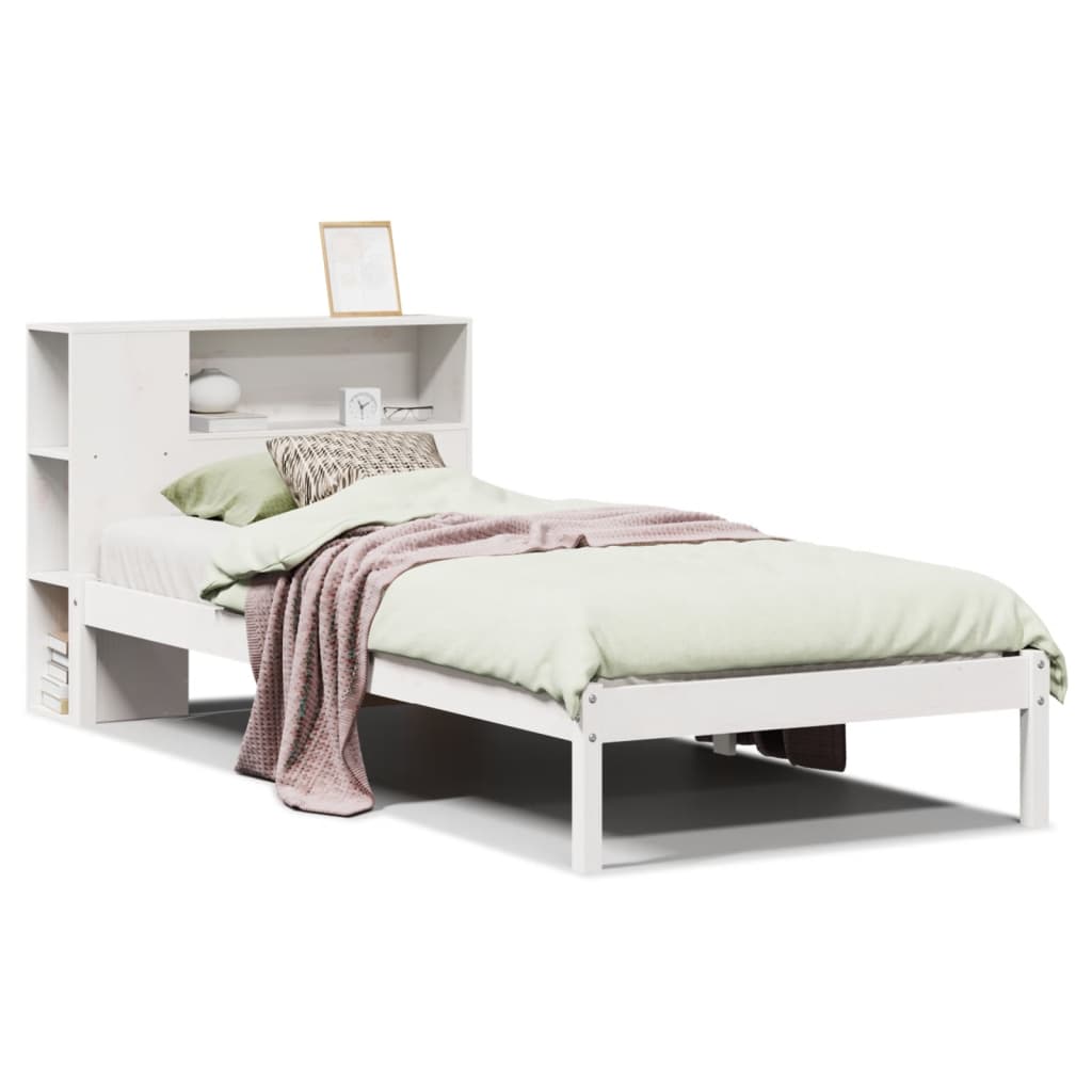 vidaXL Pat cu bibliotecă fără saltea, alb, 75x190 cm, lemn masiv pin vidaXL Pat cu bibliotecă fără saltea, alb, 75x190 cm, lemn masiv pin