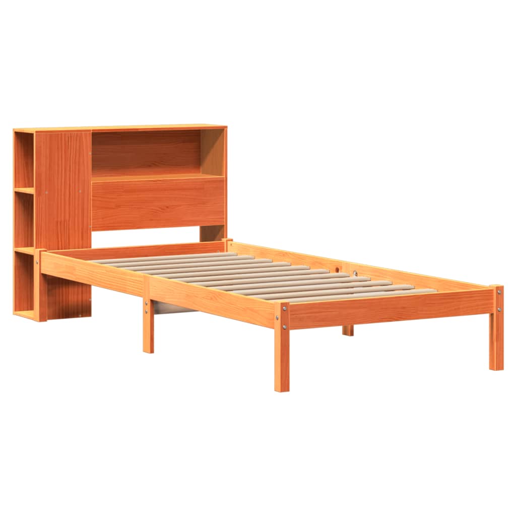 vidaXL Pat cu bibliotecă fără saltea, maro, 100x200 cm, lemn masiv pin vidaXL Pat cu bibliotecă fără saltea, maro, 100x200 cm, lemn masiv pin
