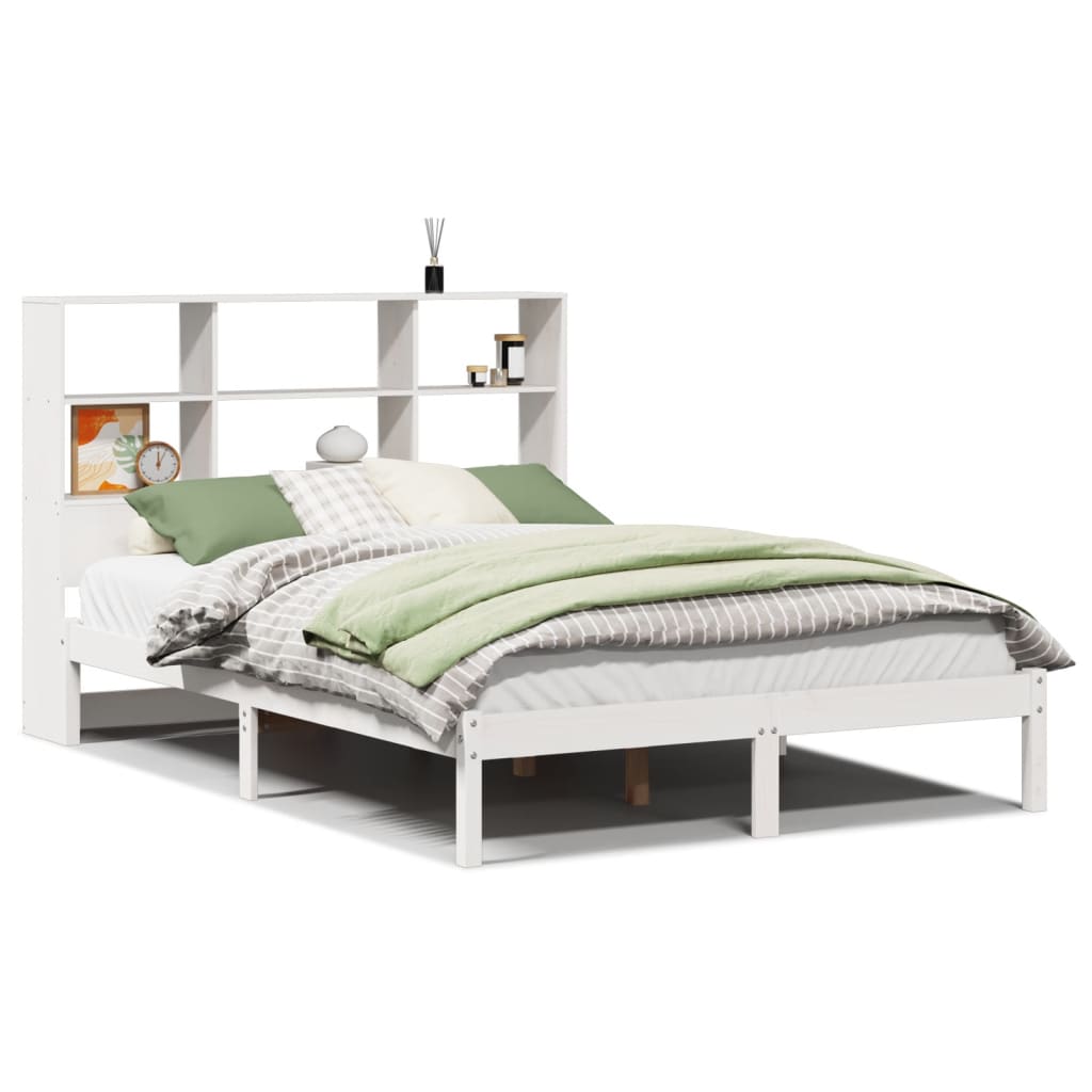 vidaXL Pat cu bibliotecă fără saltea, alb, 140x190 cm, lemn masiv pin