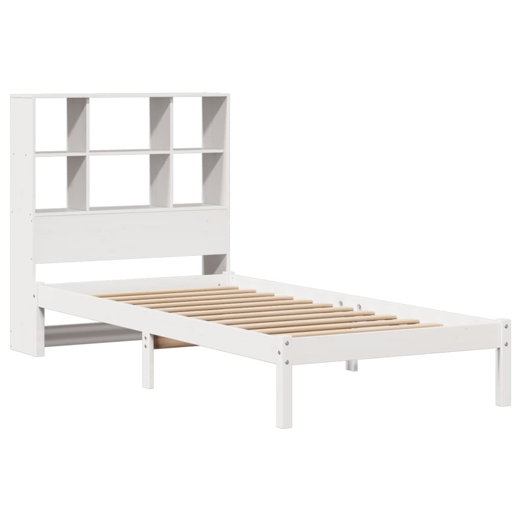 vidaXL Pat cu bibliotecă fără saltea, alb, 90x200 cm, lemn masiv pin vidaXL Pat cu bibliotecă fără saltea, alb, 90x200 cm, lemn masiv pin