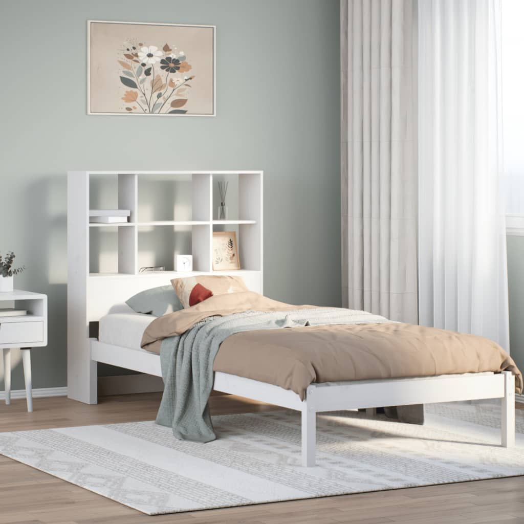 vidaXL Pat cu bibliotecă fără saltea, alb, 90x200 cm, lemn masiv pin vidaXL Pat cu bibliotecă fără saltea, alb, 90x200 cm, lemn masiv pin