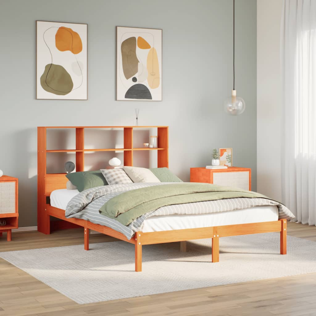 vidaXL Pat cu bibliotecă fără saltea, maro, 120x190 cm, lemn masiv pin vidaXL Pat cu bibliotecă fără saltea, maro, 120x190 cm, lemn masiv pin