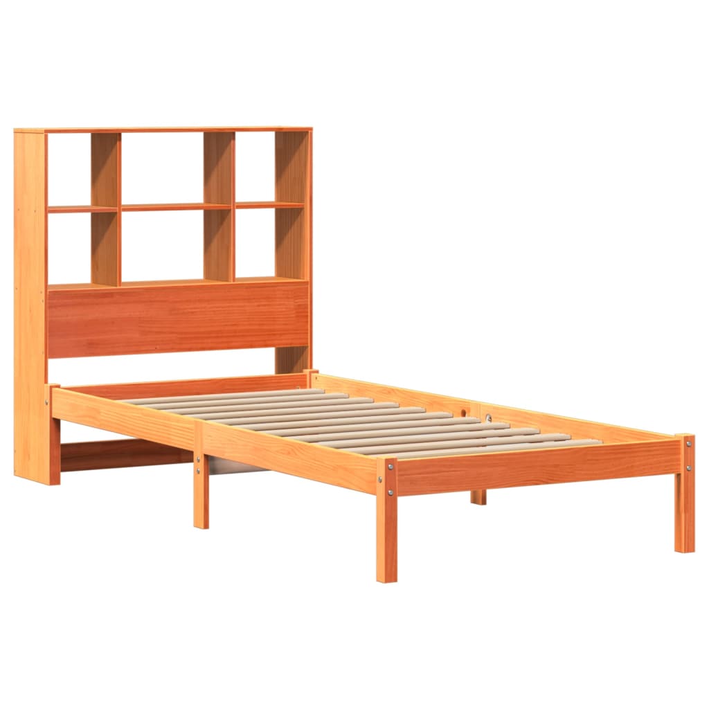 vidaXL Pat cu bibliotecă fără saltea, maro, 90x200 cm, lemn masiv pin vidaXL Pat cu bibliotecă fără saltea, maro, 90x200 cm, lemn masiv pin