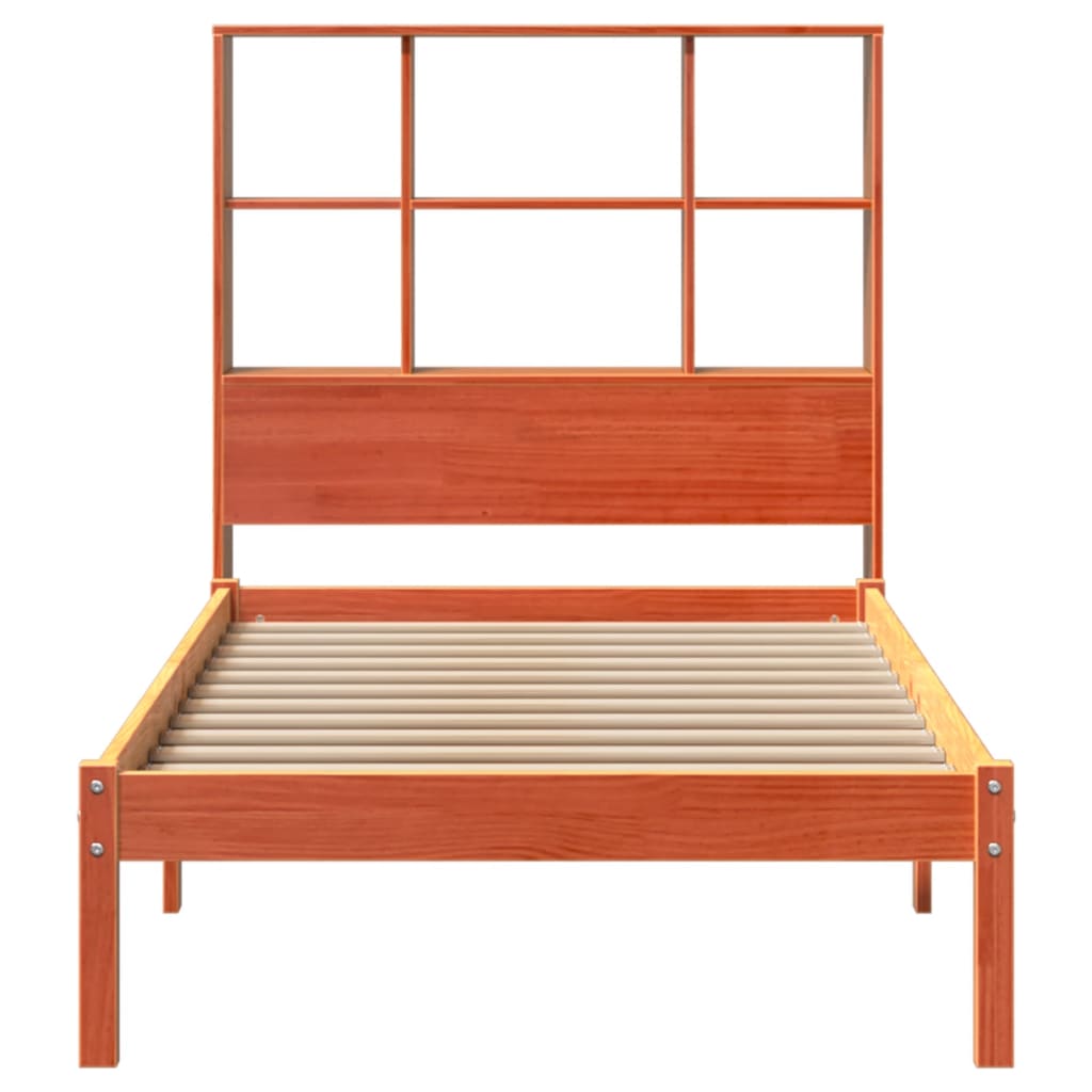 vidaXL Pat cu bibliotecă fără saltea, maro, 90x200 cm, lemn masiv pin vidaXL Pat cu bibliotecă fără saltea, maro, 90x200 cm, lemn masiv pin