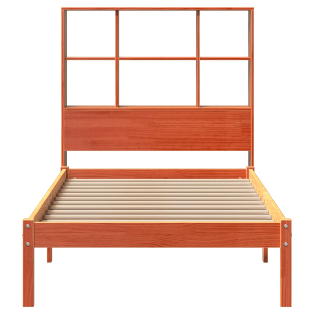 vidaXL Pat cu bibliotecă fără saltea, maro, 100x200 cm, lemn masiv pin vidaXL Pat cu bibliotecă fără saltea, maro, 100x200 cm, lemn masiv pin