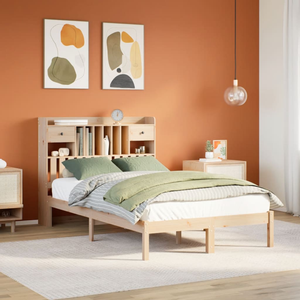 vidaXL Pat cu bibliotecă fără saltea, 135x190 cm, lemn masiv de pin vidaXL Pat cu bibliotecă fără saltea, 135x190 cm, lemn masiv de pin
