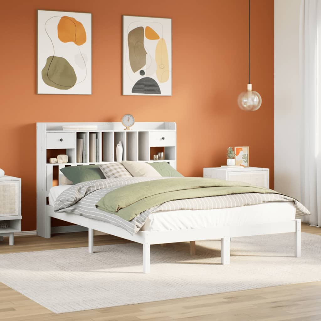 vidaXL Pat cu bibliotecă fără saltea, alb, 140x190 cm, lemn masiv pin vidaXL Pat cu bibliotecă fără saltea, alb, 140x190 cm, lemn masiv pin