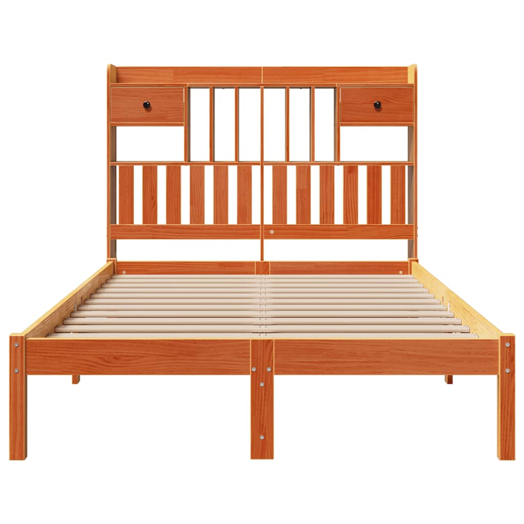 vidaXL Pat cu bibliotecă fără saltea maro 135x190 cm lemn masiv de pin