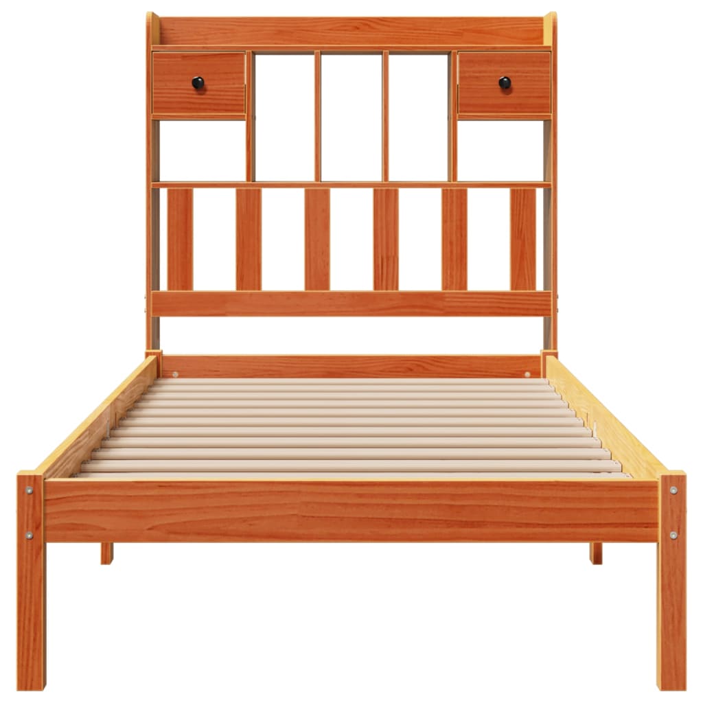 vidaXL Pat cu bibliotecă fără saltea, maro, 100x200 cm, lemn masiv pin vidaXL Pat cu bibliotecă fără saltea, maro, 100x200 cm, lemn masiv pin