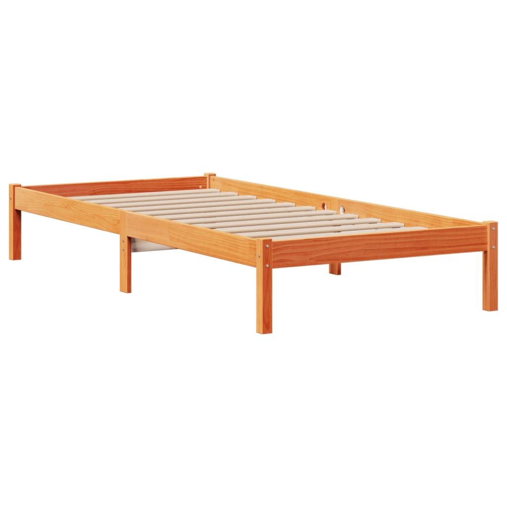 vidaXL Pat cu bibliotecă fără saltea, maro, 100x200 cm, lemn masiv pin vidaXL Pat cu bibliotecă fără saltea, maro, 100x200 cm, lemn masiv pin