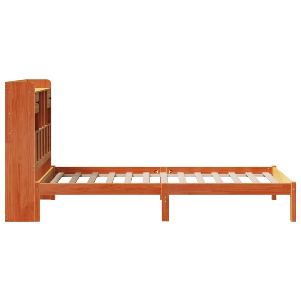 vidaXL Pat cu bibliotecă fără saltea, maro, 100x200 cm, lemn masiv pin vidaXL Pat cu bibliotecă fără saltea, maro, 100x200 cm, lemn masiv pin