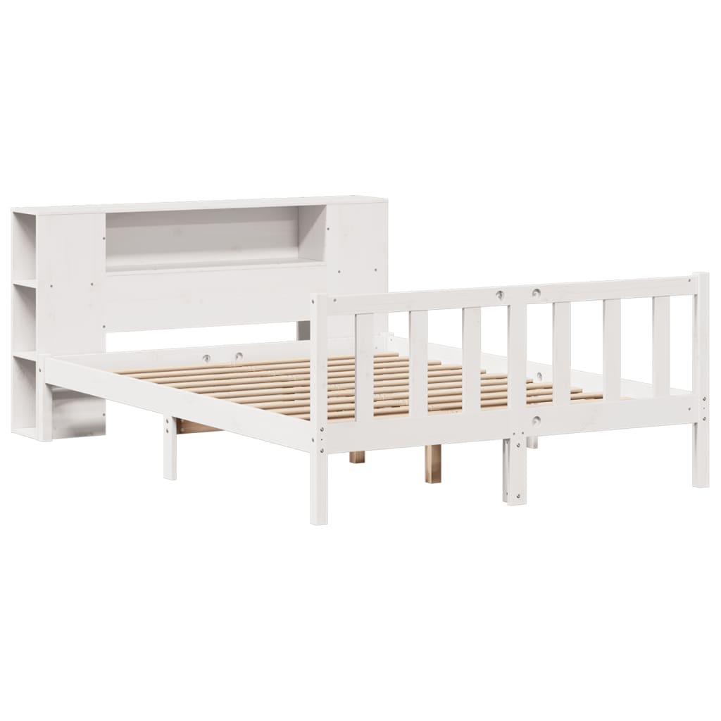 vidaXL Pat cu bibliotecă fără saltea, alb, 120x190 cm, lemn masiv pin vidaXL Pat cu bibliotecă fără saltea, alb, 120x190 cm, lemn masiv pin