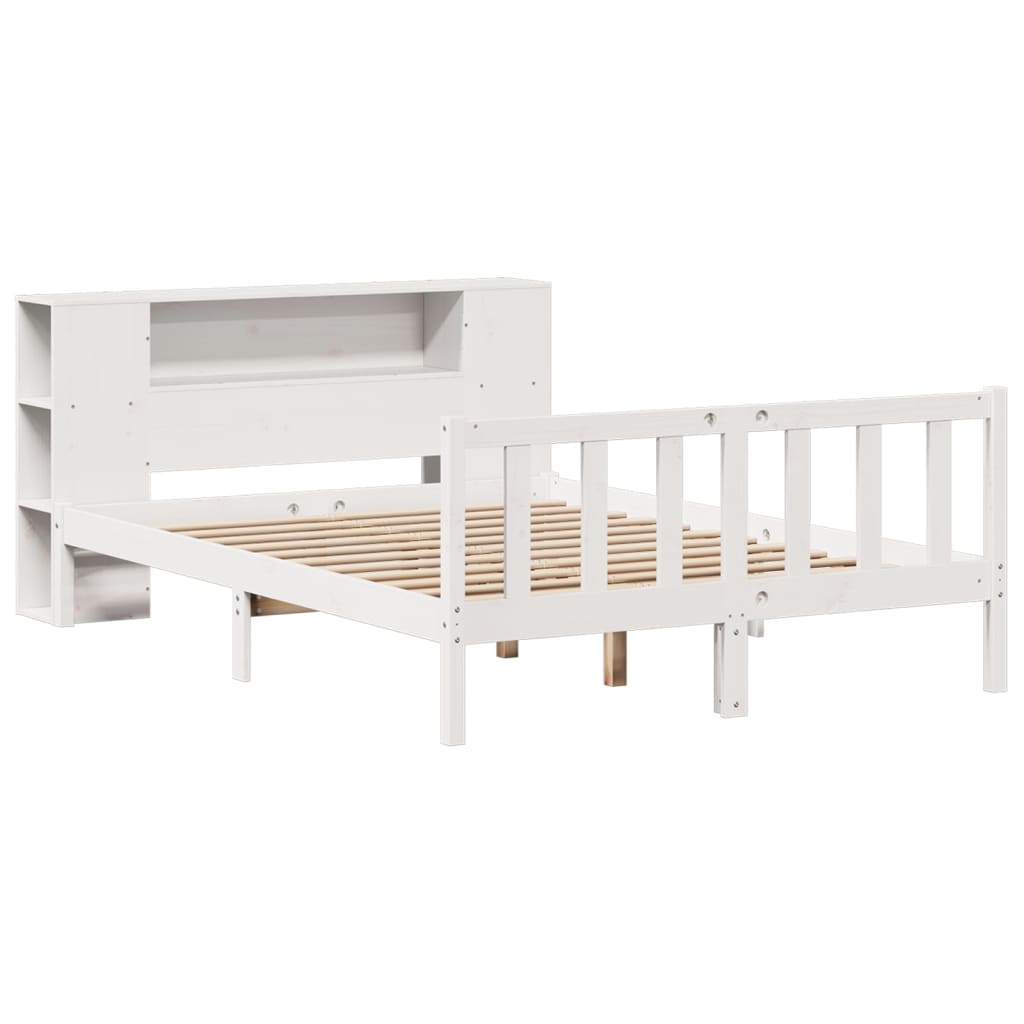 vidaXL Pat cu bibliotecă fără saltea, alb, 150x200 cm, lemn masiv pin vidaXL Pat cu bibliotecă fără saltea, alb, 150x200 cm, lemn masiv pin