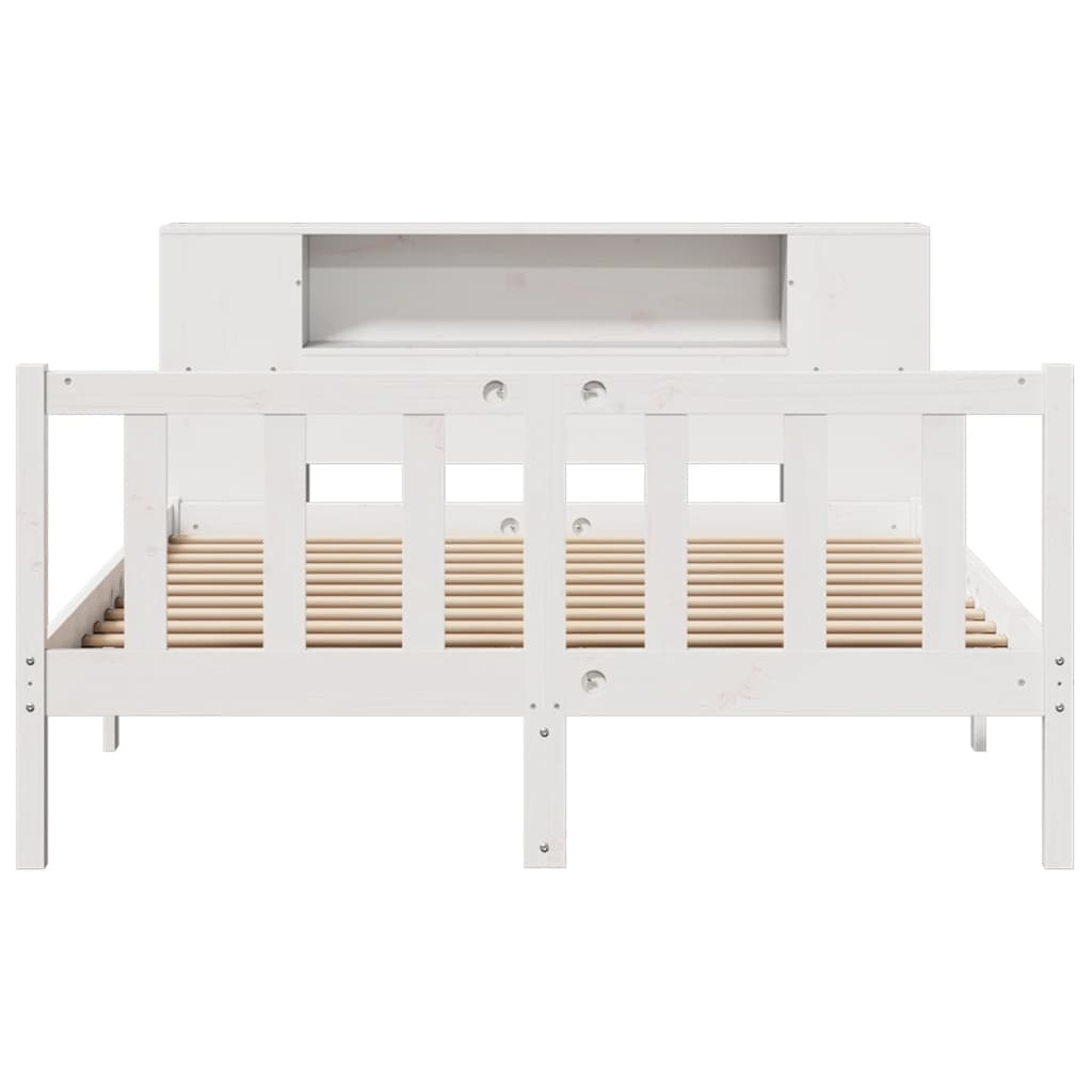 vidaXL Pat cu bibliotecă fără saltea, alb, 150x200 cm, lemn masiv pin vidaXL Pat cu bibliotecă fără saltea, alb, 150x200 cm, lemn masiv pin