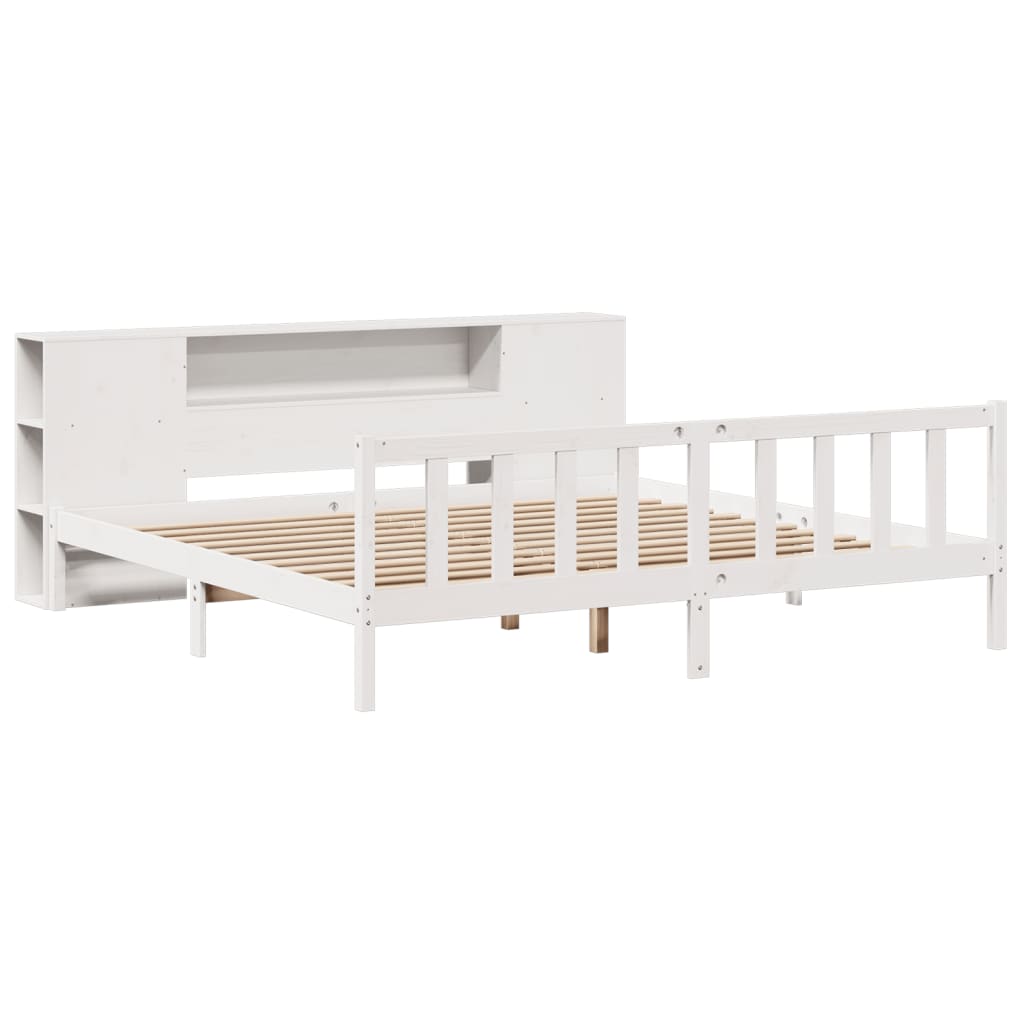 vidaXL Pat cu bibliotecă fără saltea, alb, 200x200 cm, lemn masiv pin