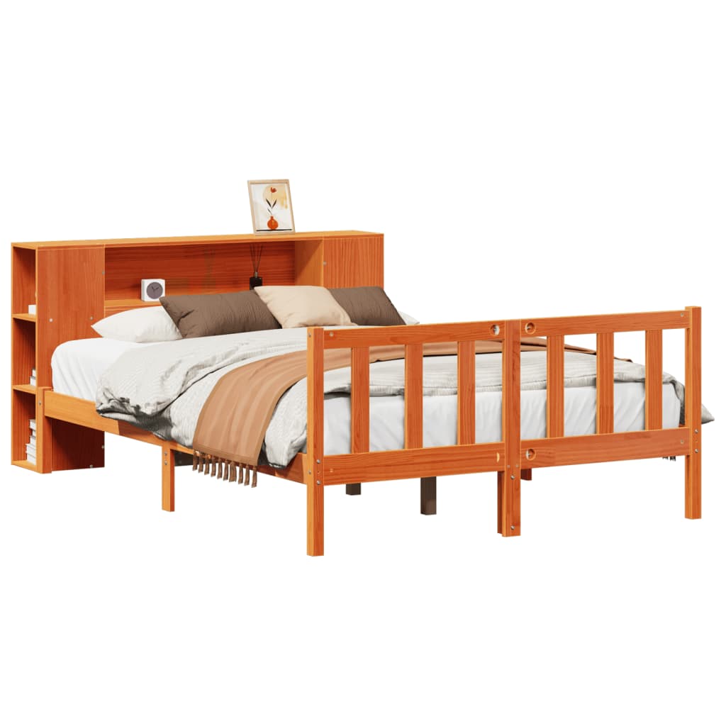 vidaXL Pat cu bibliotecă fără saltea, maro, 120x190 cm, lemn masiv pin vidaXL Pat cu bibliotecă fără saltea, maro, 120x190 cm, lemn masiv pin