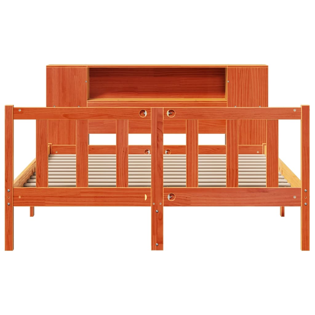 vidaXL Pat cu bibliotecă fără saltea, maro, 120x190 cm, lemn masiv pin vidaXL Pat cu bibliotecă fără saltea, maro, 120x190 cm, lemn masiv pin