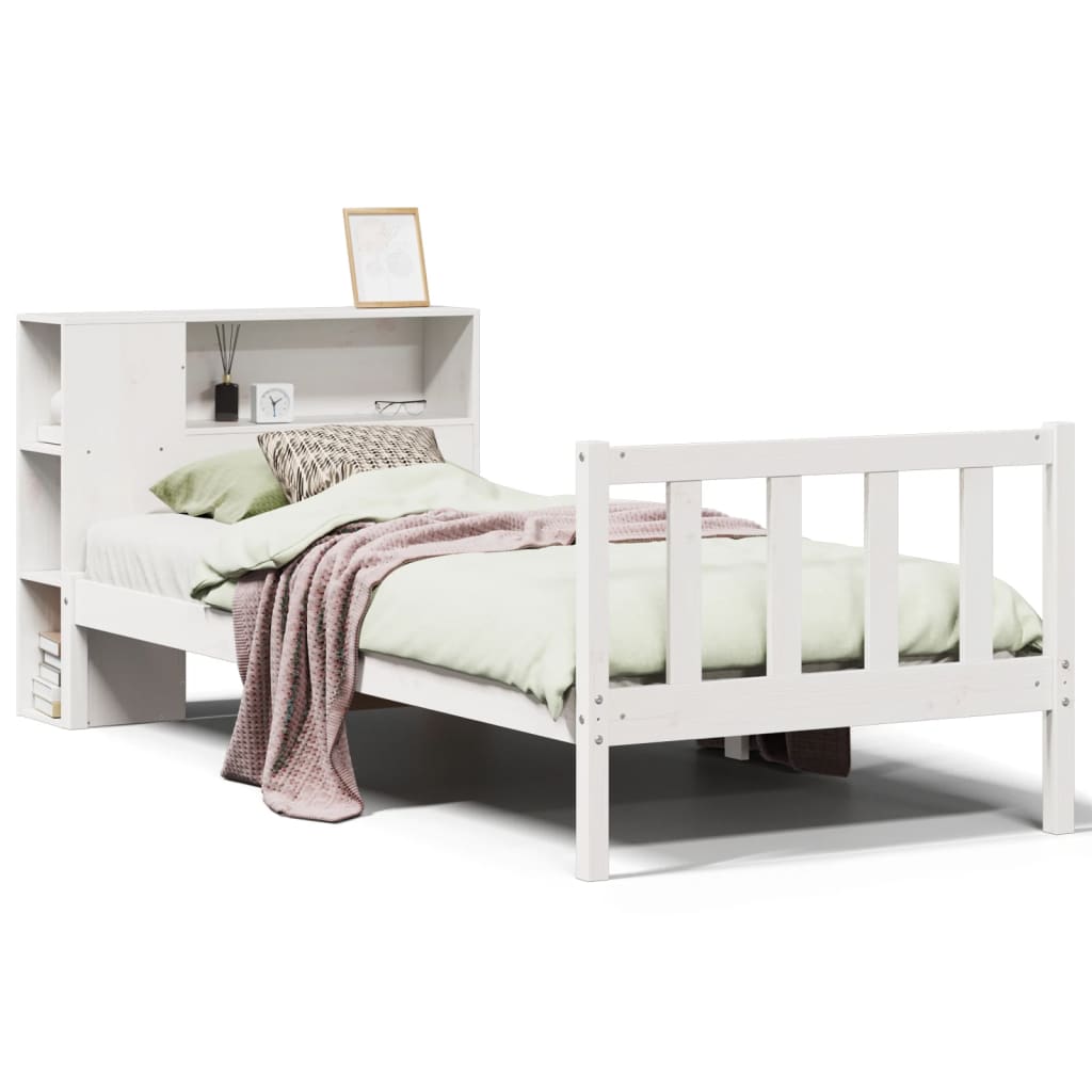 vidaXL Pat cu bibliotecă fără saltea, alb, 75x190 cm, lemn masiv pin vidaXL Pat cu bibliotecă fără saltea, alb, 75x190 cm, lemn masiv pin