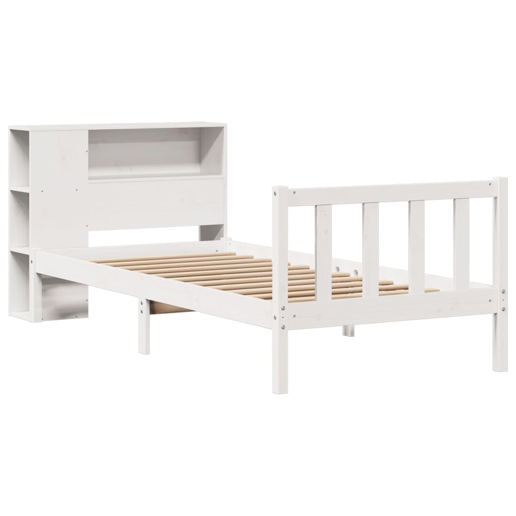 vidaXL Pat cu bibliotecă fără saltea, alb, 75x190 cm, lemn masiv pin vidaXL Pat cu bibliotecă fără saltea, alb, 75x190 cm, lemn masiv pin