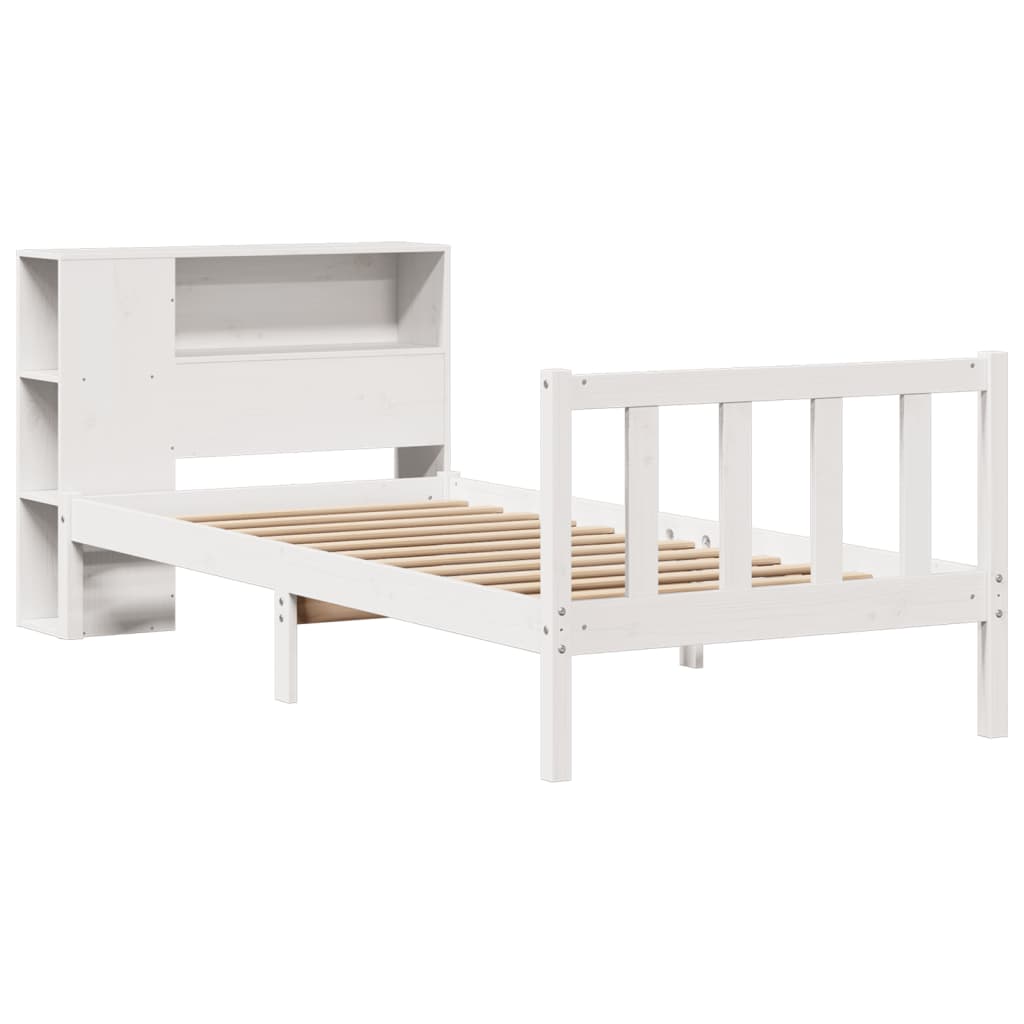 vidaXL Pat cu bibliotecă fără saltea, alb, 100x200 cm, lemn masiv pin vidaXL Pat cu bibliotecă fără saltea, alb, 100x200 cm, lemn masiv pin
