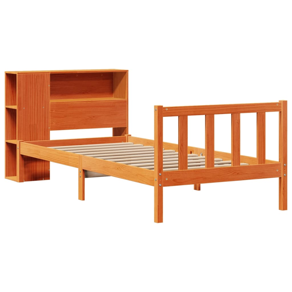 vidaXL Pat cu bibliotecă fără saltea, maro, 100x200 cm, lemn masiv pin vidaXL Pat cu bibliotecă fără saltea, maro, 100x200 cm, lemn masiv pin