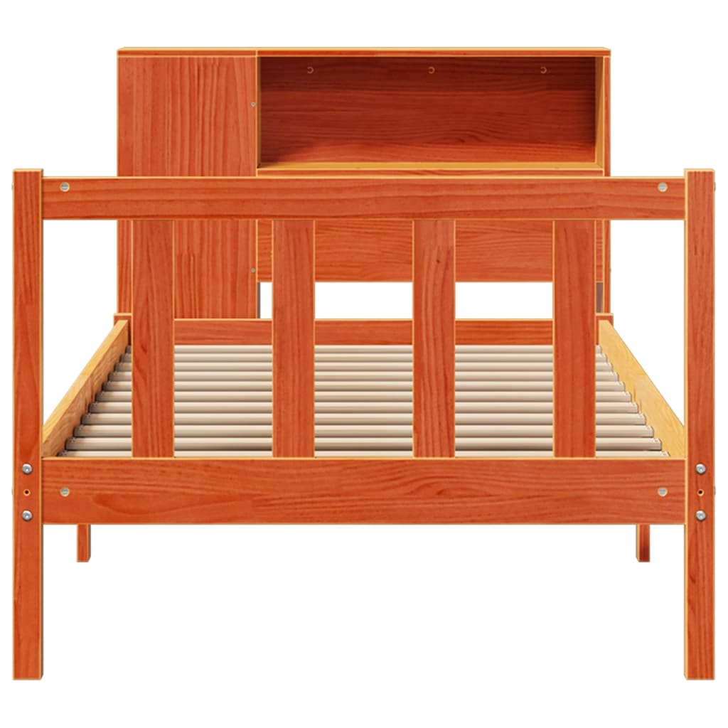 vidaXL Pat cu bibliotecă fără saltea, maro, 100x200 cm, lemn masiv pin vidaXL Pat cu bibliotecă fără saltea, maro, 100x200 cm, lemn masiv pin