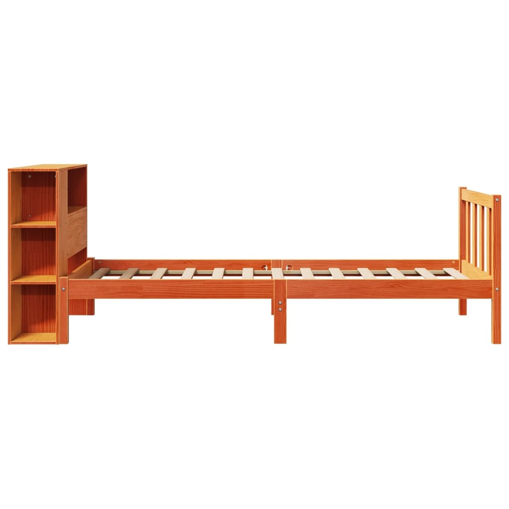vidaXL Pat cu bibliotecă fără saltea, maro, 100x200 cm, lemn masiv pin vidaXL Pat cu bibliotecă fără saltea, maro, 100x200 cm, lemn masiv pin