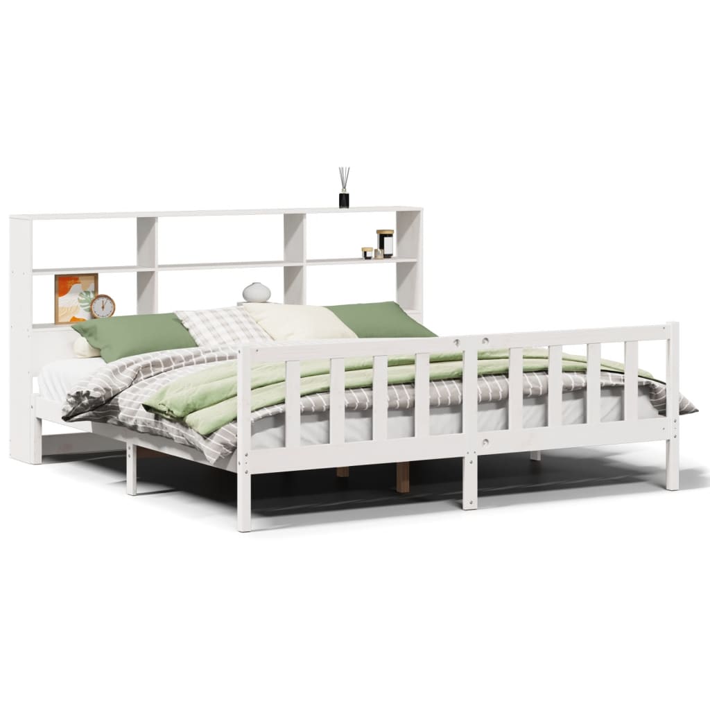 vidaXL Pat cu bibliotecă fără saltea, alb, 200x200 cm, lemn masiv pin vidaXL Pat cu bibliotecă fără saltea, alb, 200x200 cm, lemn masiv pin