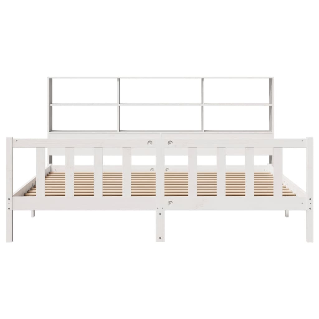 vidaXL Pat cu bibliotecă fără saltea, alb, 200x200 cm, lemn masiv pin vidaXL Pat cu bibliotecă fără saltea, alb, 200x200 cm, lemn masiv pin