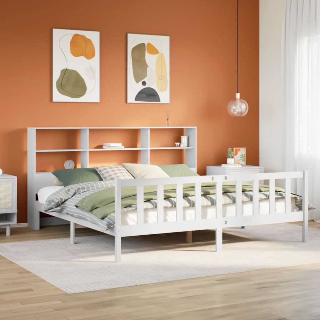 vidaXL Pat cu bibliotecă fără saltea, alb, 200x200 cm, lemn masiv pin vidaXL Pat cu bibliotecă fără saltea, alb, 200x200 cm, lemn masiv pin