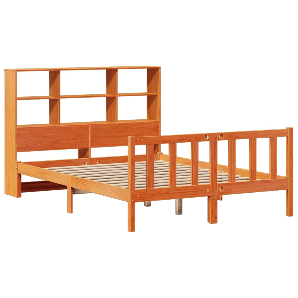 vidaXL Pat cu bibliotecă fără saltea, maro, 120x190 cm, lemn masiv pin vidaXL Pat cu bibliotecă fără saltea, maro, 120x190 cm, lemn masiv pin