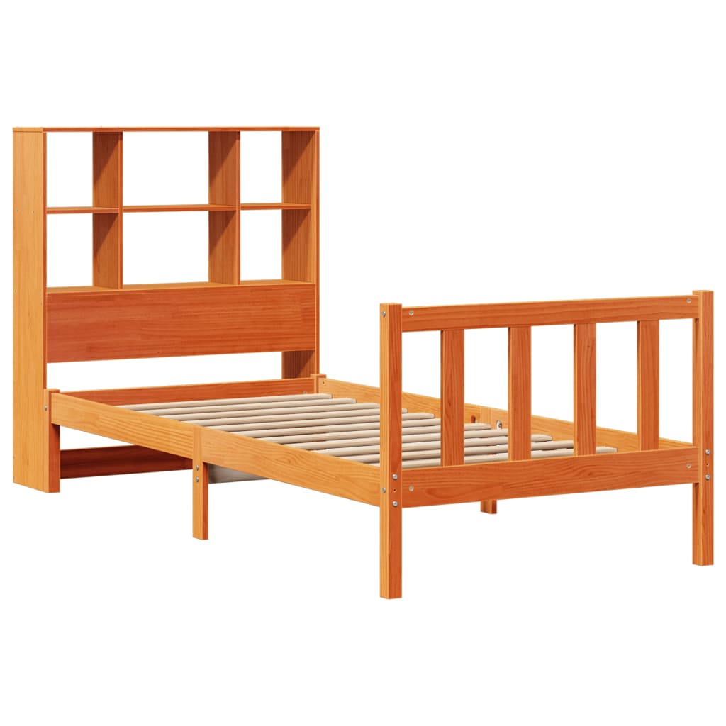 vidaXL Pat cu bibliotecă fără saltea, maro, 90x200 cm, lemn masiv pin vidaXL Pat cu bibliotecă fără saltea, maro, 90x200 cm, lemn masiv pin