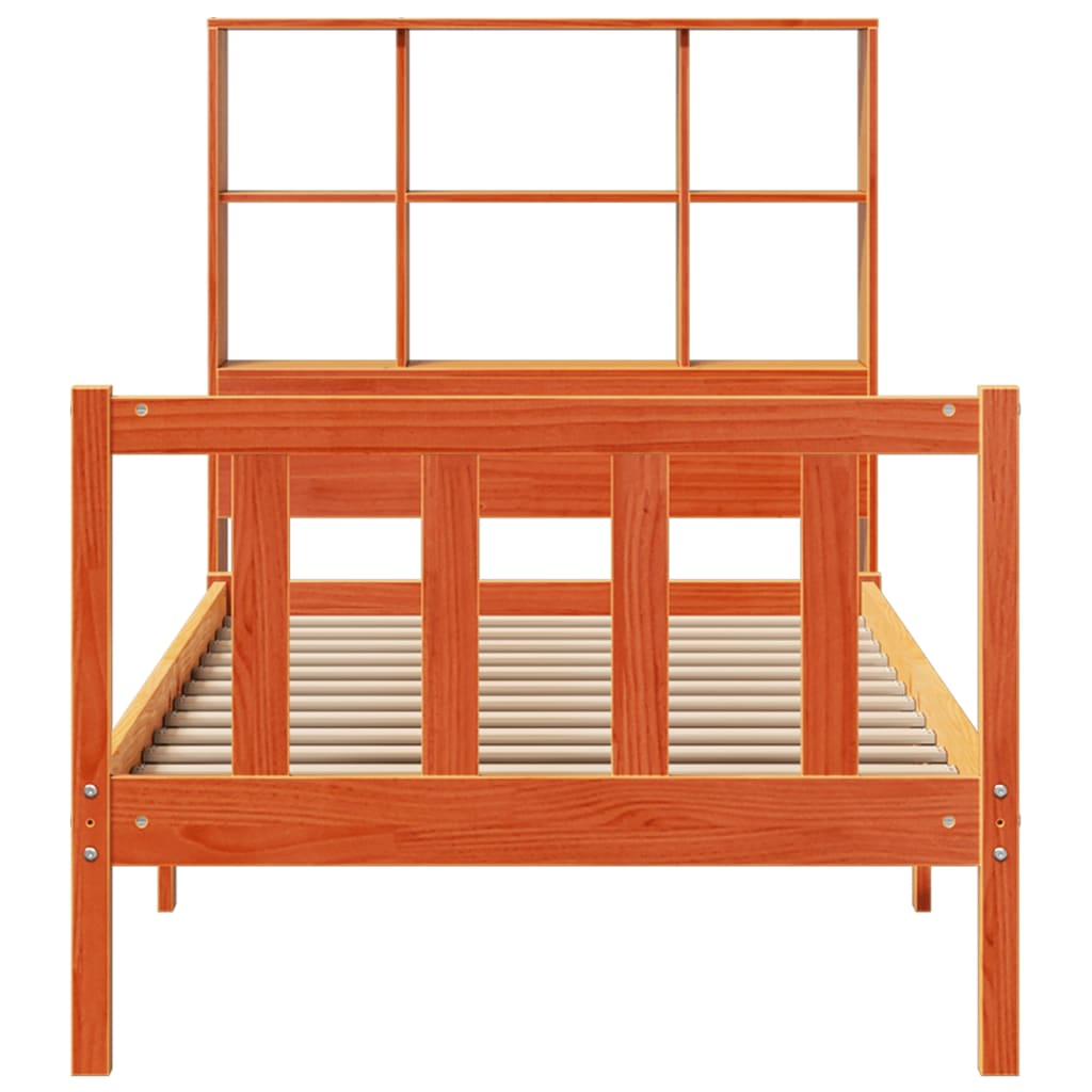 vidaXL Pat cu bibliotecă fără saltea, maro, 90x200 cm, lemn masiv pin vidaXL Pat cu bibliotecă fără saltea, maro, 90x200 cm, lemn masiv pin