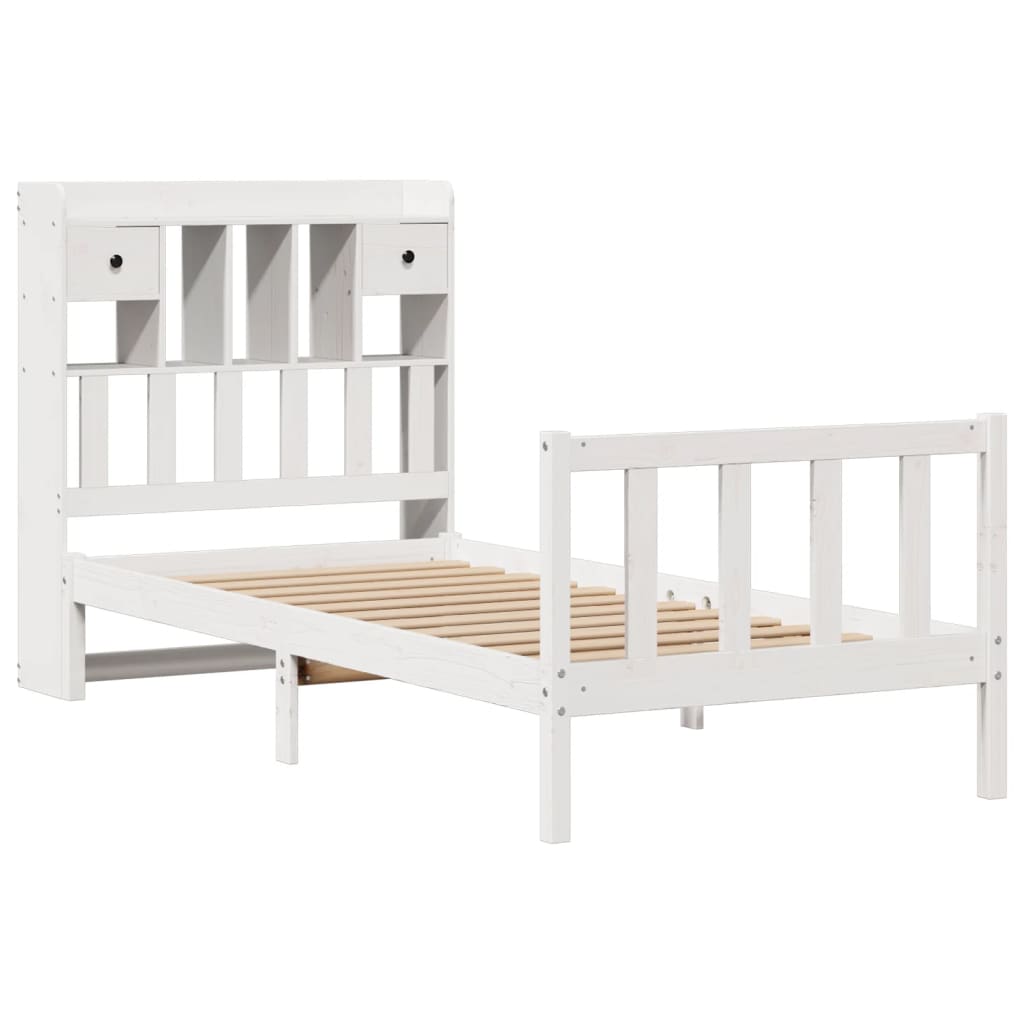 vidaXL Pat cu bibliotecă fără saltea, alb, 75x190 cm, lemn masiv pin vidaXL Pat cu bibliotecă fără saltea, alb, 75x190 cm, lemn masiv pin