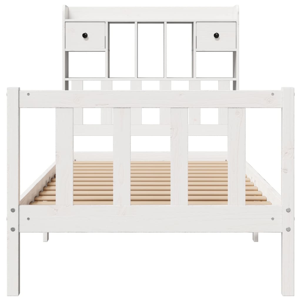 vidaXL Pat cu bibliotecă fără saltea, alb, 75x190 cm, lemn masiv pin vidaXL Pat cu bibliotecă fără saltea, alb, 75x190 cm, lemn masiv pin