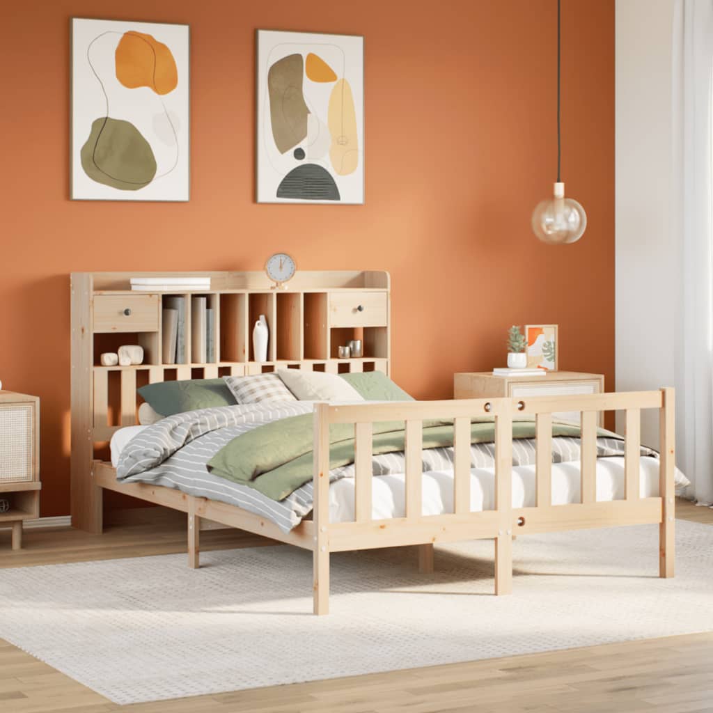 vidaXL Pat cu bibliotecă fără saltea, 140x190 cm, lemn masiv de pin vidaXL Pat cu bibliotecă fără saltea, 140x190 cm, lemn masiv de pin