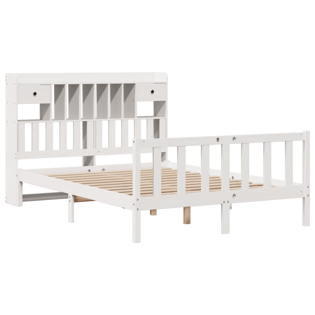 vidaXL Pat cu bibliotecă fără saltea, alb, 140x190 cm, lemn masiv pin vidaXL Pat cu bibliotecă fără saltea, alb, 140x190 cm, lemn masiv pin