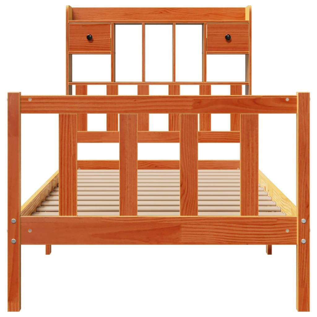 vidaXL Pat cu bibliotecă fără saltea, maro, 100x200 cm, lemn masiv pin vidaXL Pat cu bibliotecă fără saltea, maro, 100x200 cm, lemn masiv pin