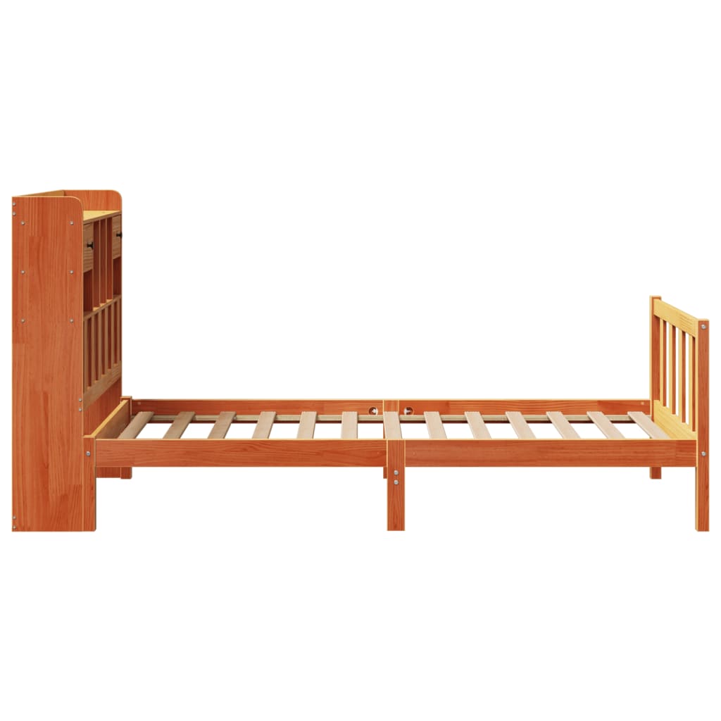 vidaXL Pat cu bibliotecă fără saltea, maro, 100x200 cm, lemn masiv pin vidaXL Pat cu bibliotecă fără saltea, maro, 100x200 cm, lemn masiv pin