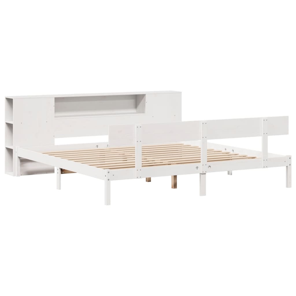 vidaXL Pat cu bibliotecă fără saltea, alb, 200x200 cm, lemn masiv pin