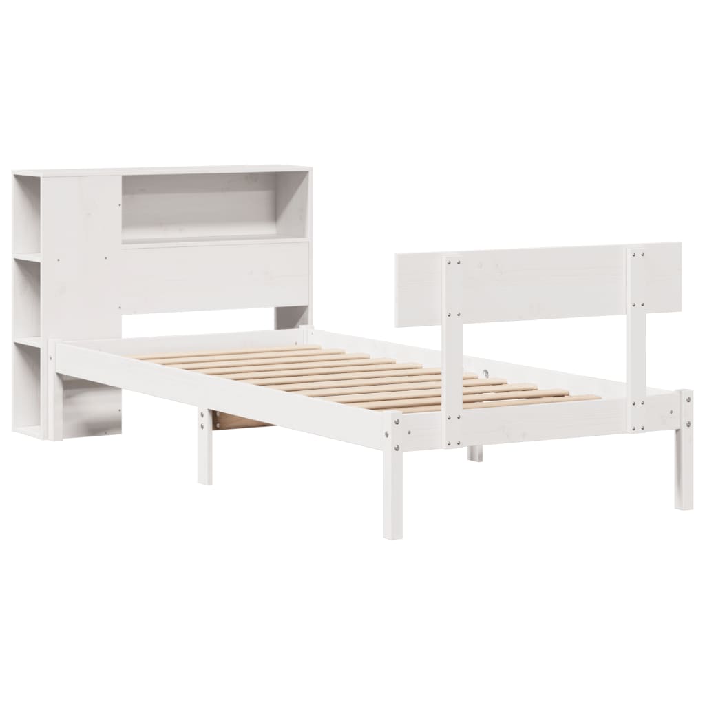 vidaXL Pat cu bibliotecă fără saltea, alb, 75x190 cm, lemn masiv pin