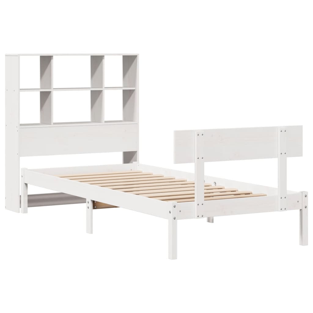 vidaXL Pat cu bibliotecă fără saltea, alb, 90x190 cm, lemn masiv pin vidaXL Pat cu bibliotecă fără saltea, alb, 90x190 cm, lemn masiv pin
