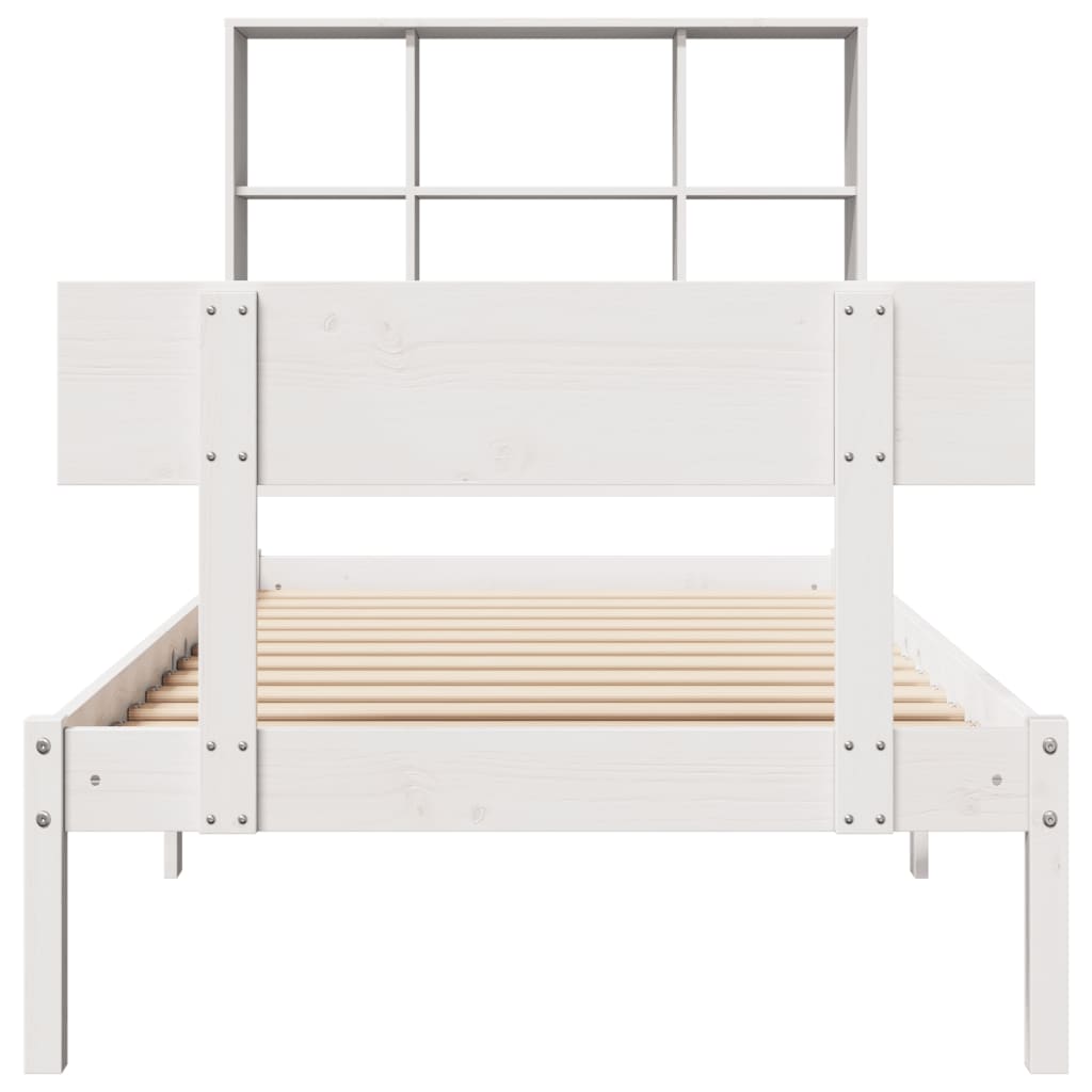 vidaXL Pat cu bibliotecă fără saltea, alb, 90x190 cm, lemn masiv pin vidaXL Pat cu bibliotecă fără saltea, alb, 90x190 cm, lemn masiv pin