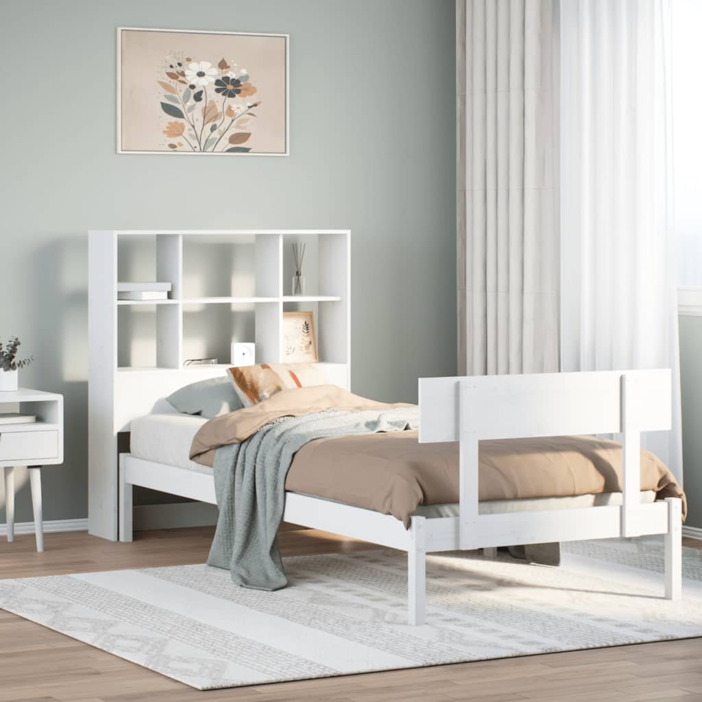 vidaXL Pat cu bibliotecă fără saltea, alb, 90x190 cm, lemn masiv pin vidaXL Pat cu bibliotecă fără saltea, alb, 90x190 cm, lemn masiv pin